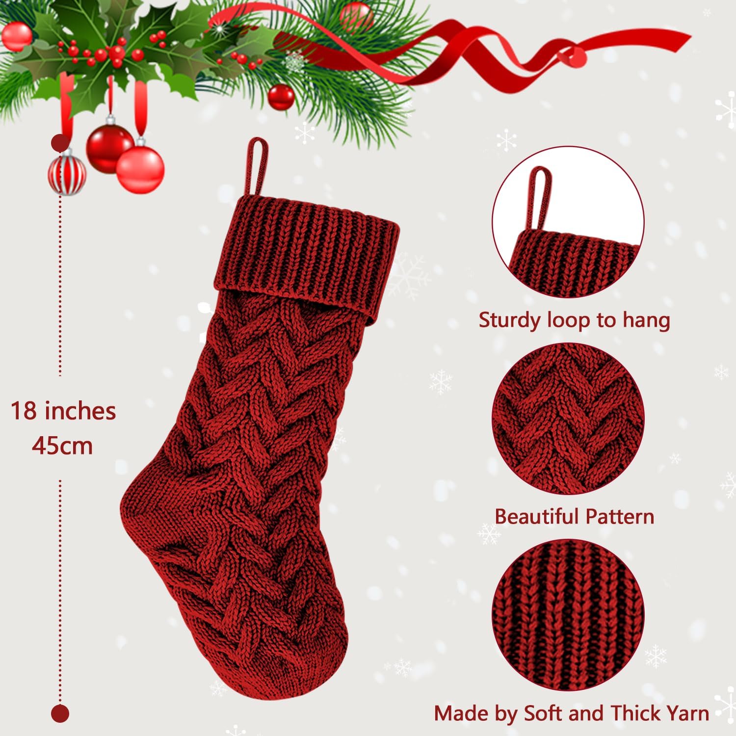 Pack 6,18 Unique Burgundy Knit Christmas Stockings Style3